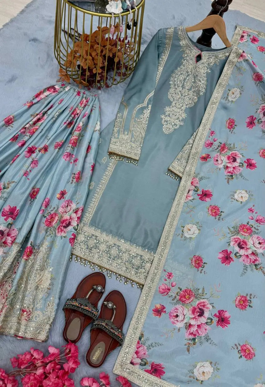 Embroidered Chinon Silk Palazzo Suit Set