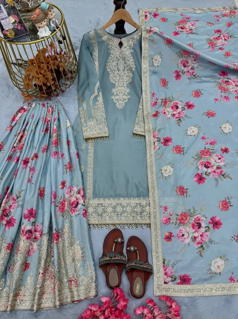 Embroidered Chinon Silk Palazzo Suit Set
