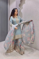 Embroidered Chinon Silk Palazzo Suit Set