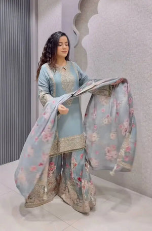 Embroidered Chinon Silk Palazzo Suit Set