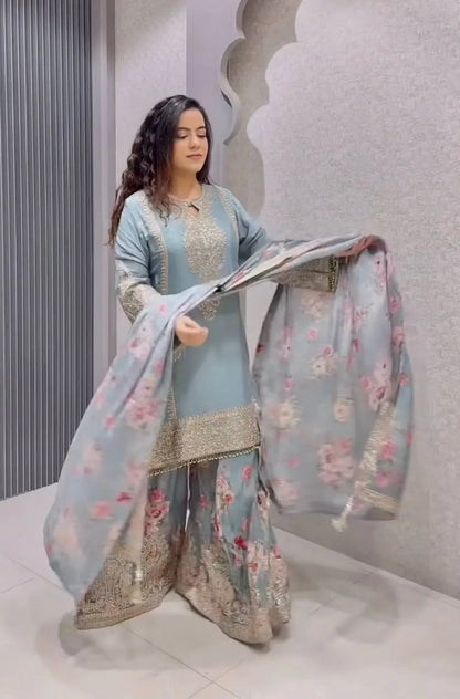 Embroidered Chinon Silk Palazzo Suit Set