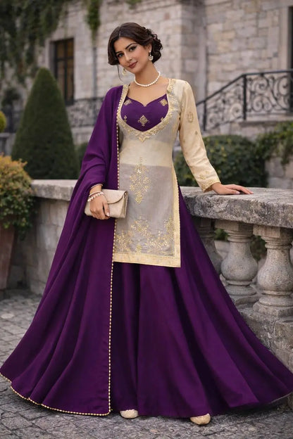Embroidered Chinon Silk Palazzo Suit Set