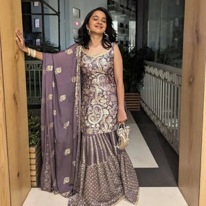 Embroidered Chinon Silk Sharara Set With Dupatta