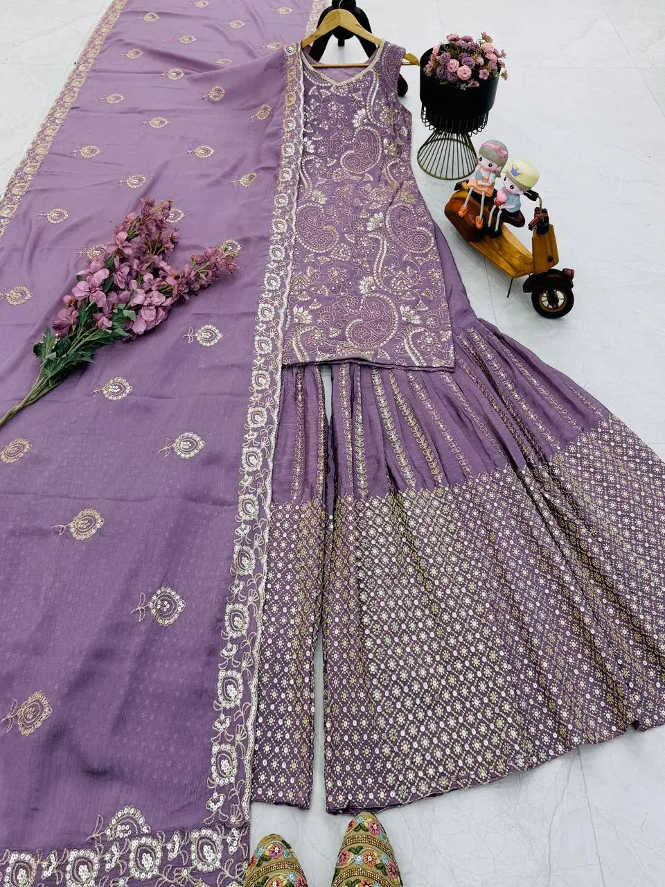 Embroidered Chinon Silk Sharara Set With Dupatta