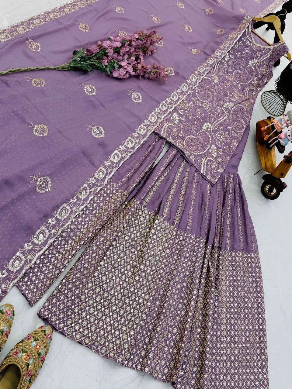 Embroidered Chinon Silk Sharara Set With Dupatta