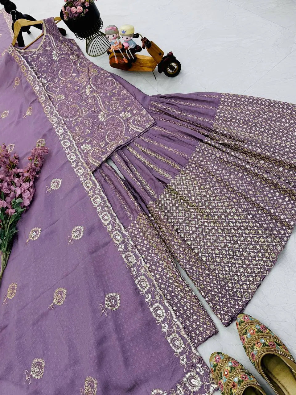 Embroidered Chinon Silk Sharara Set With Dupatta