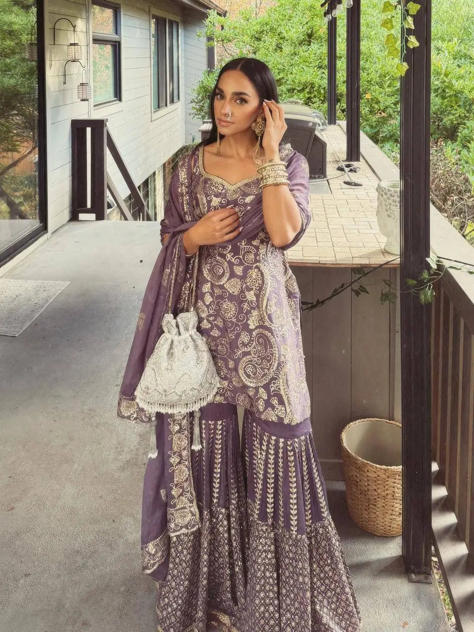Embroidered Chinon Silk Sharara Set With Dupatta