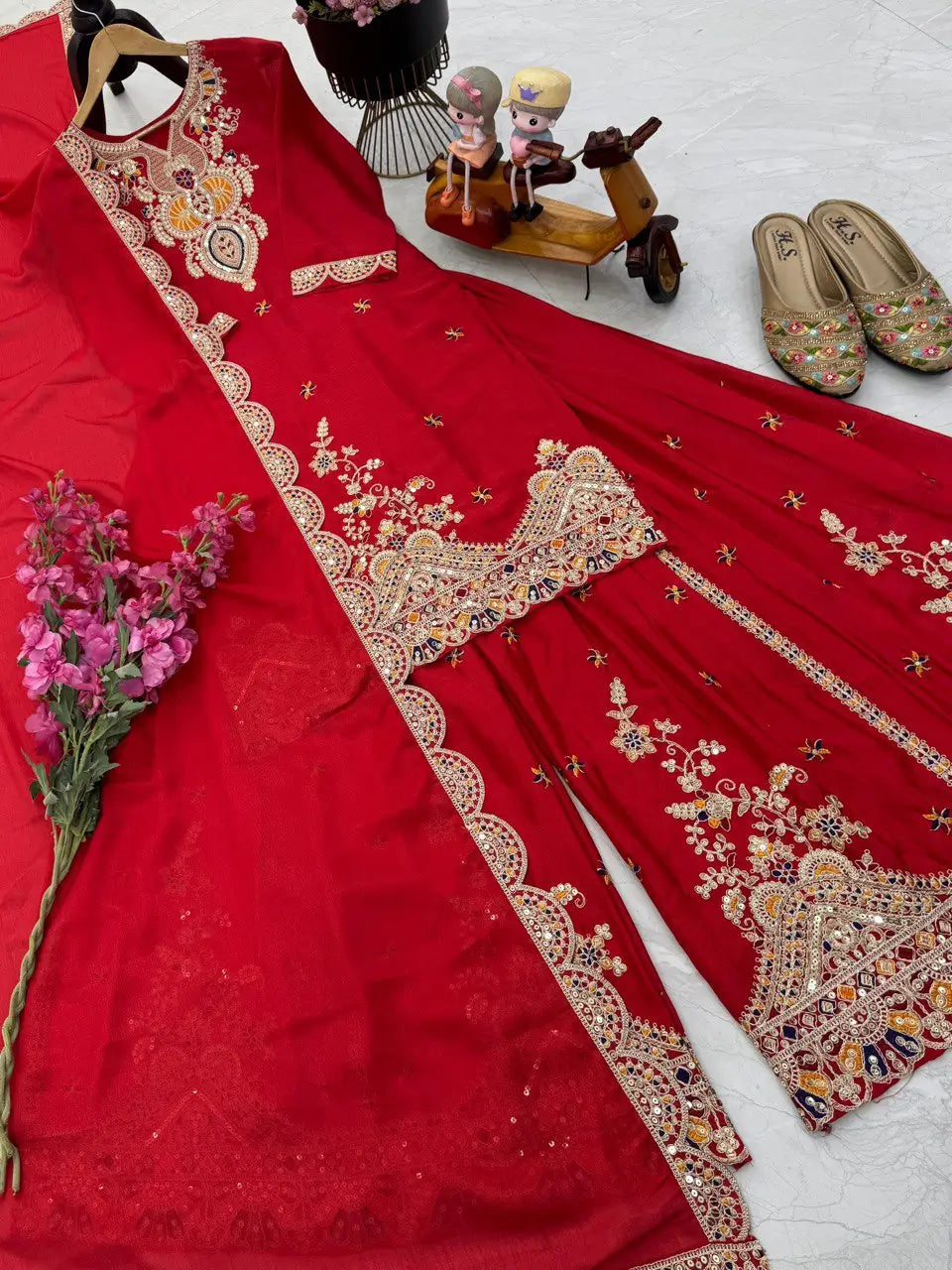 Embroidered Chinon Silk Sharara Suit