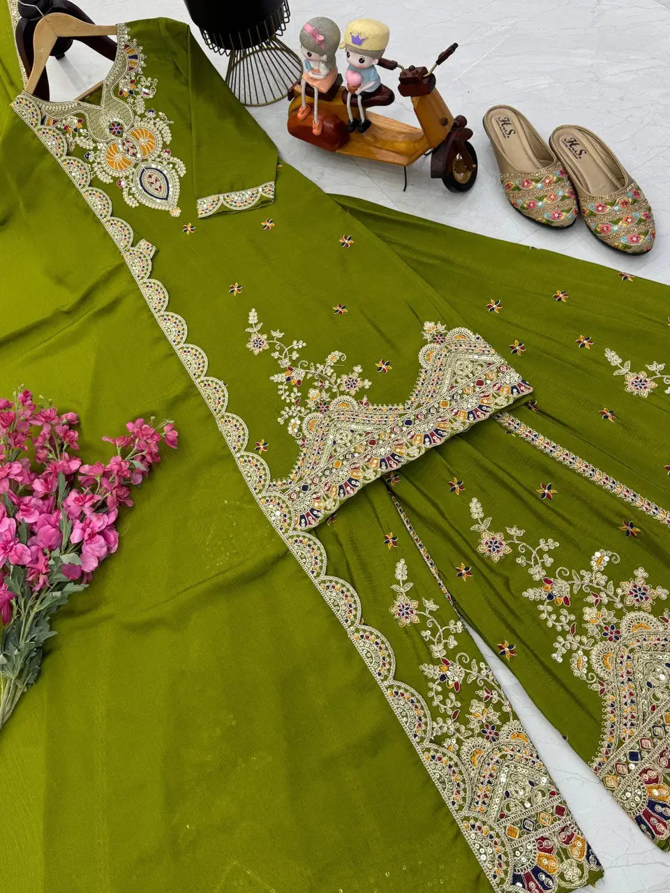 Embroidered Chinon Silk Sharara Suit