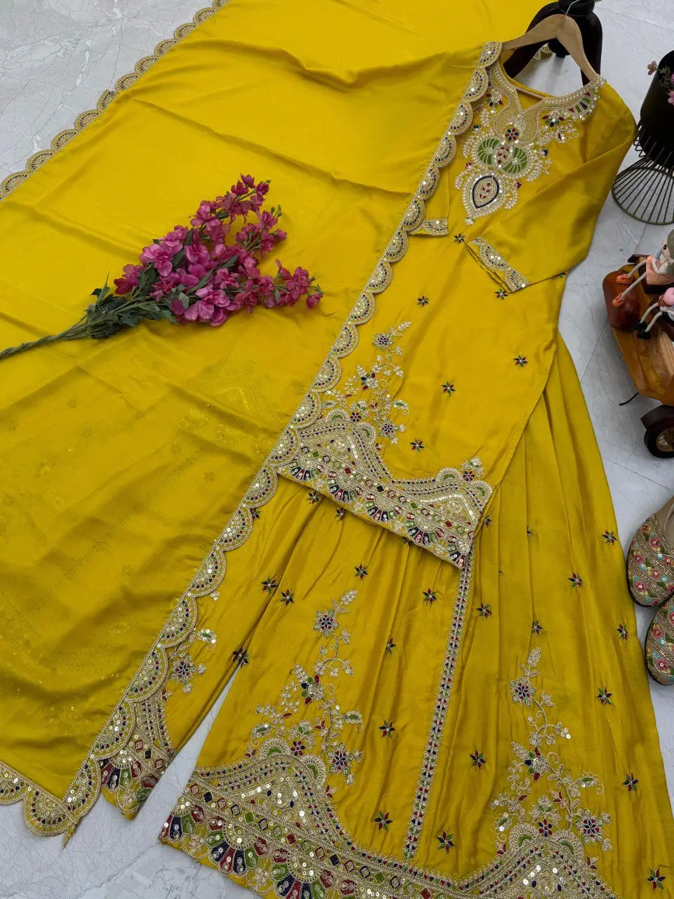 Embroidered Chinon Silk Sharara Suit