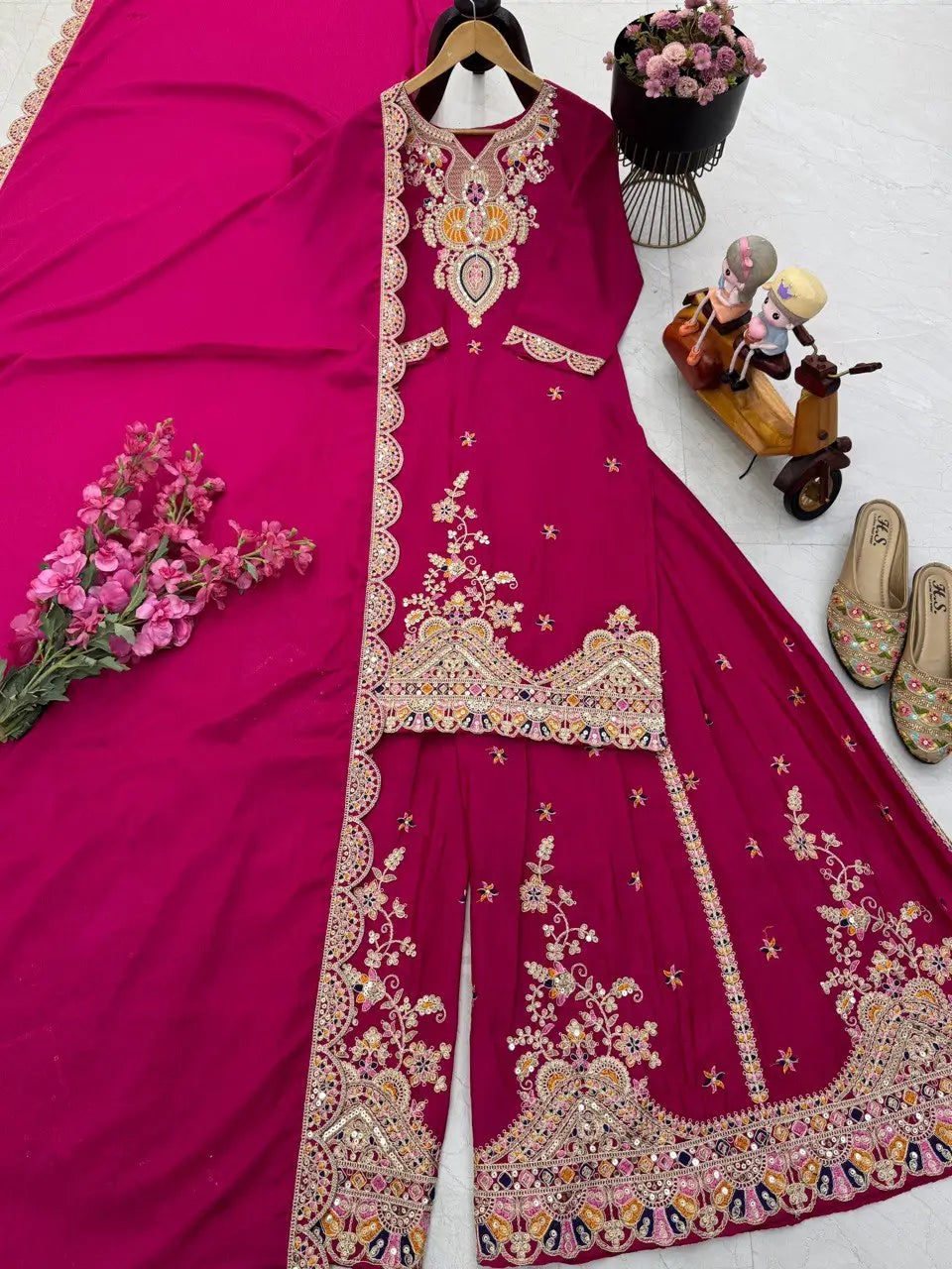Embroidered Chinon Silk Sharara Suit