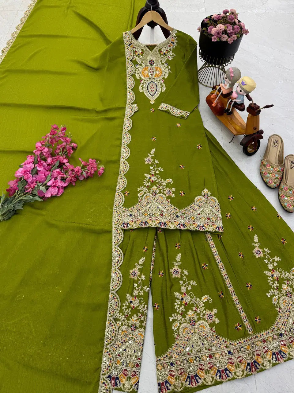 Embroidered Chinon Silk Sharara Suit