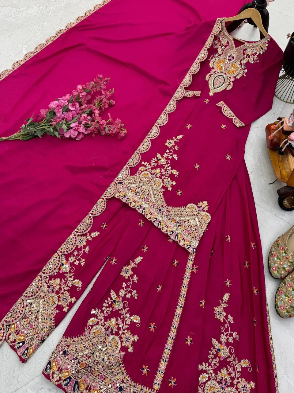 Embroidered Chinon Silk Sharara Suit