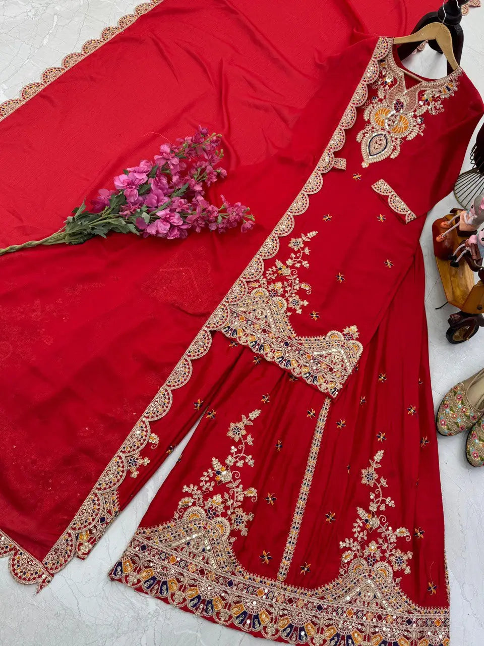 Embroidered Chinon Silk Sharara Suit