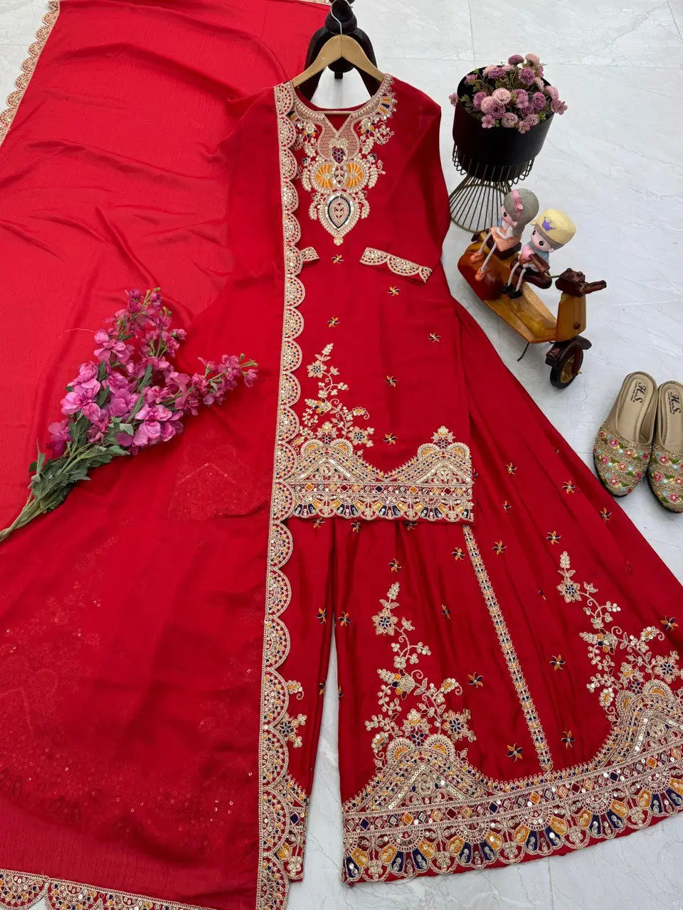 Embroidered Chinon Silk Sharara Suit