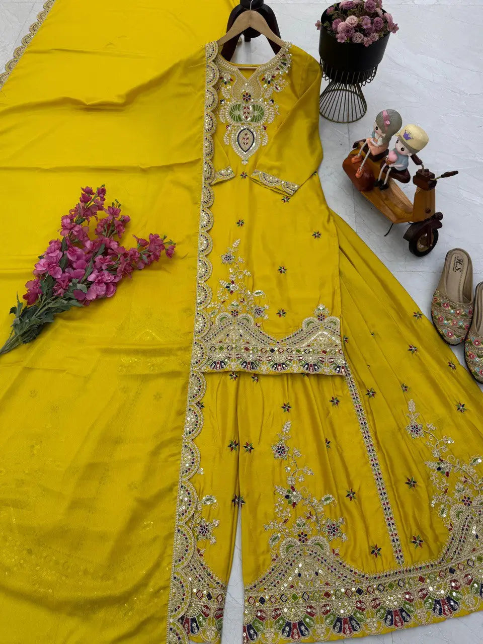 Embroidered Chinon Silk Sharara Suit