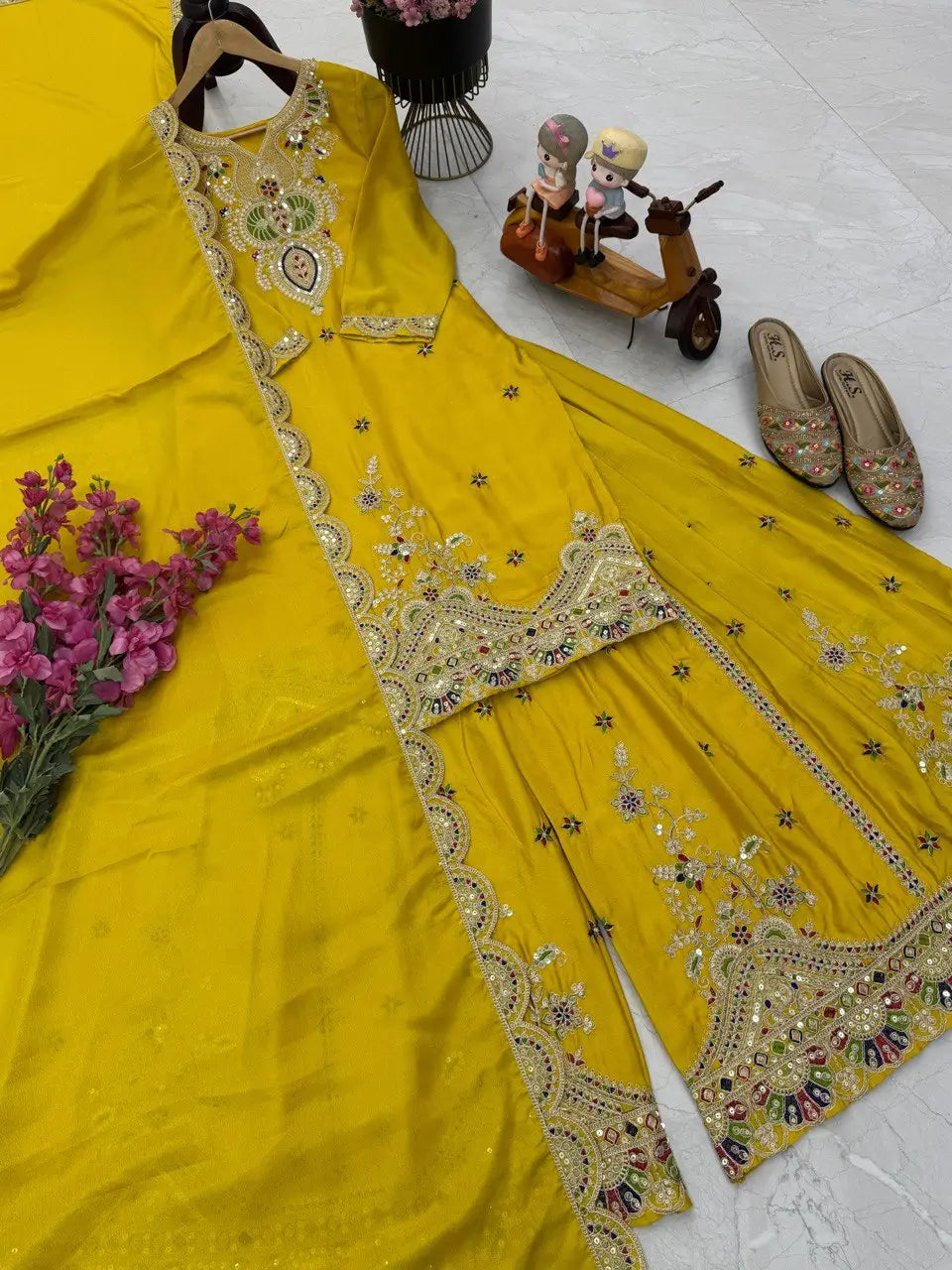 Embroidered Chinon Silk Sharara Suit