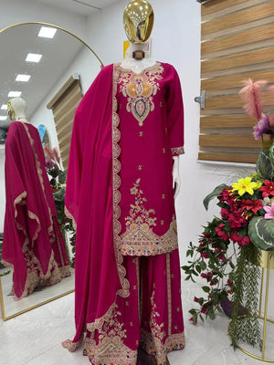 Embroidered Chinon Silk Sharara Suit