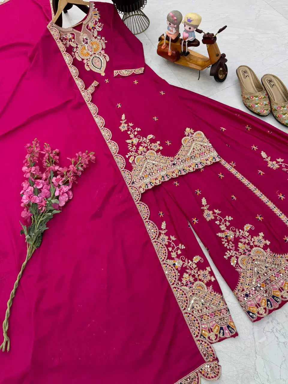 Embroidered Chinon Silk Sharara Suit