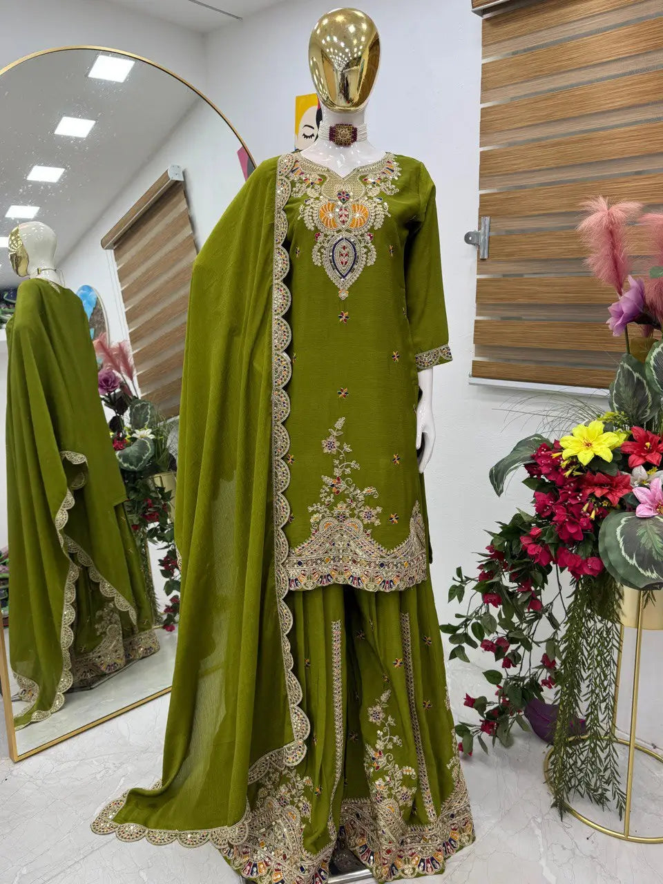 Embroidered Chinon Silk Sharara Suit