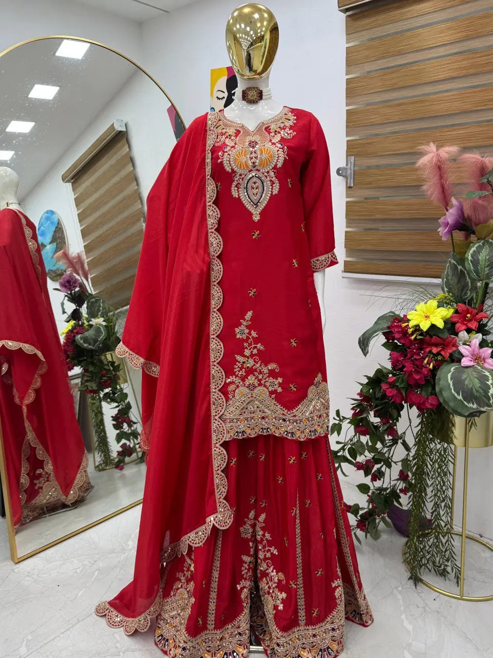 Embroidered Chinon Silk Sharara Suit