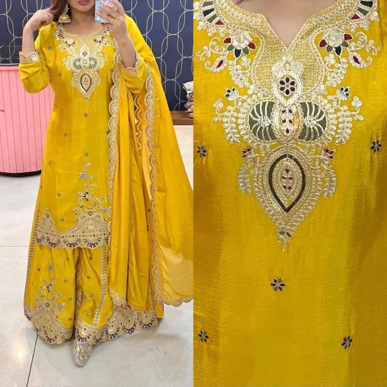 Embroidered Chinon Silk Sharara Suit