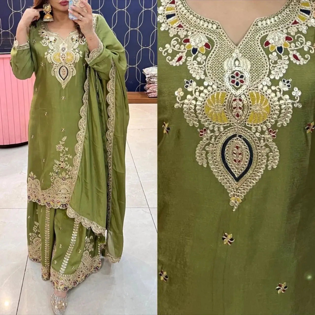 Embroidered Chinon Silk Sharara Suit