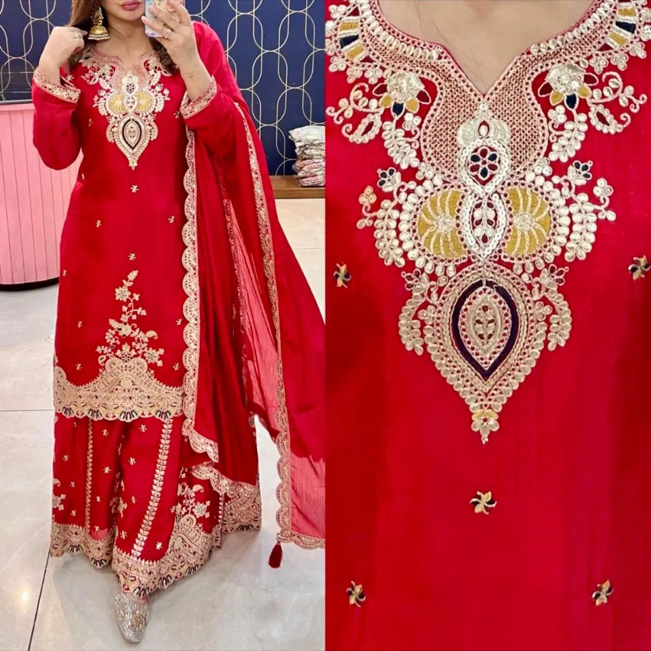 Embroidered Chinon Silk Sharara Suit
