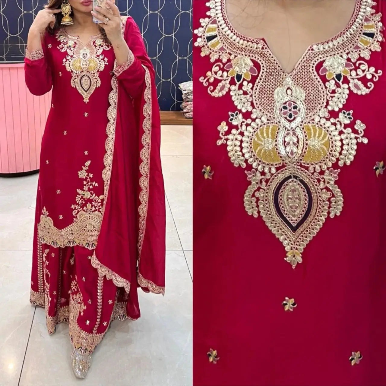 Embroidered Chinon Silk Sharara Suit