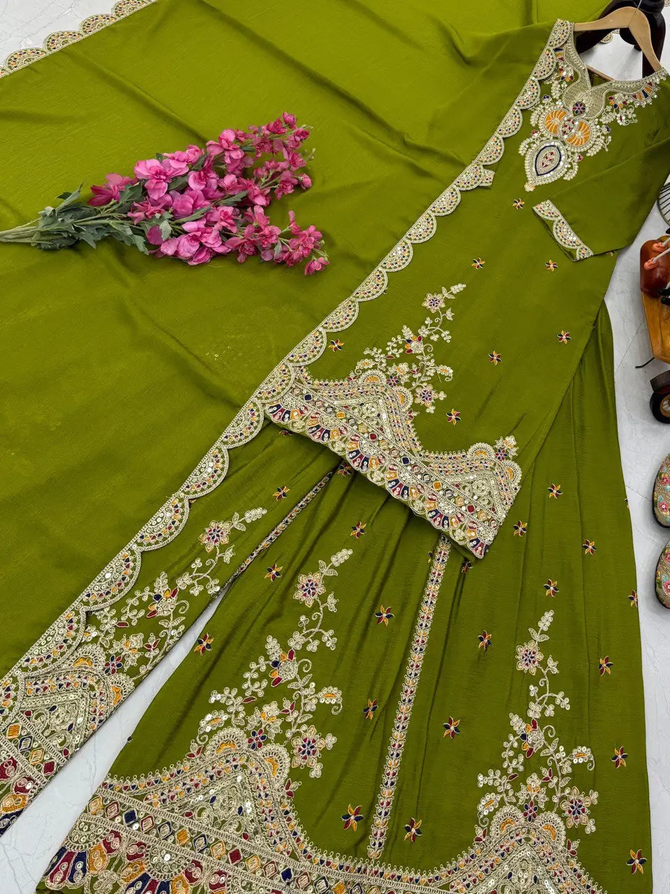 Embroidered Chinon Silk Sharara Suit