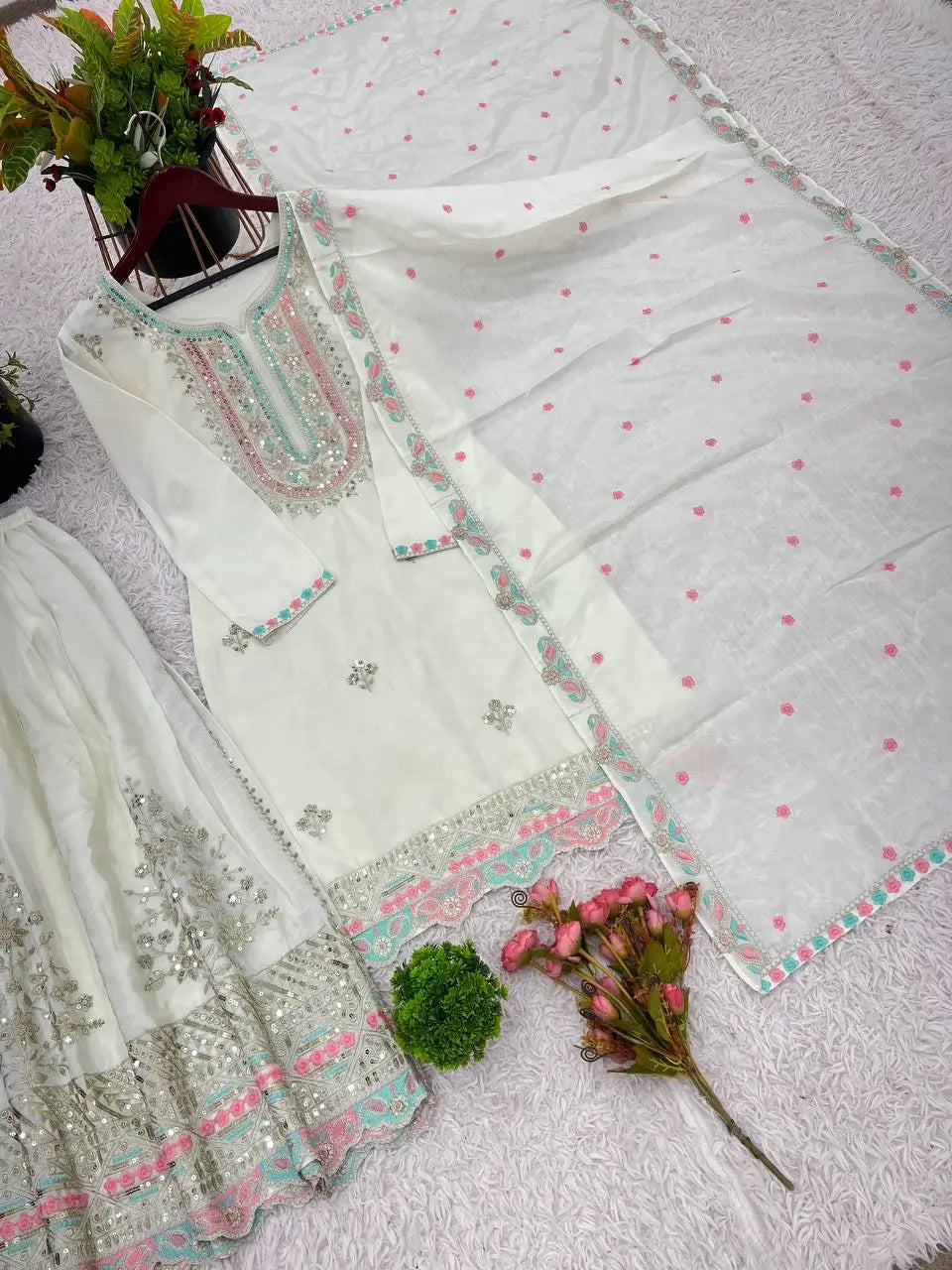 Embroidered Chinon Silk Sharara Suit Set