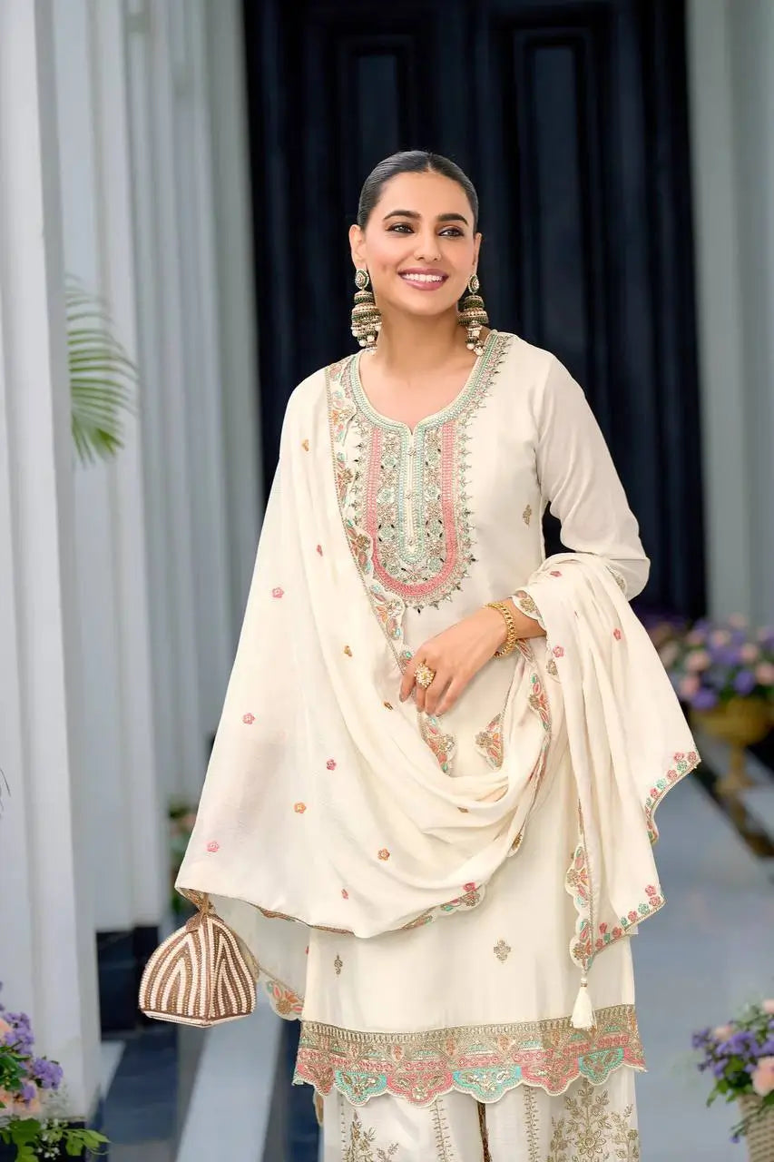 Embroidered Chinon Silk Sharara Suit Set