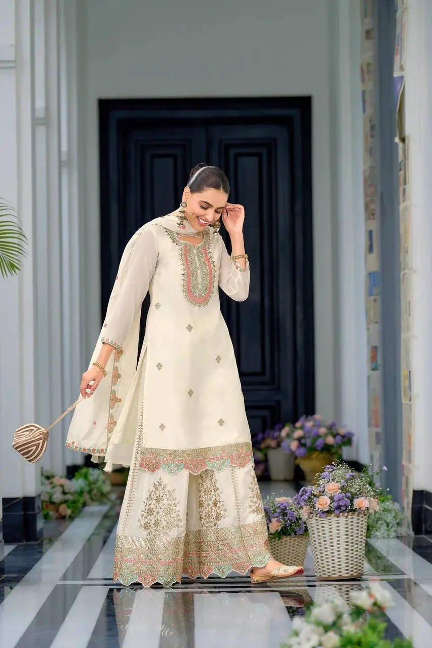 Embroidered Chinon Silk Sharara Suit Set