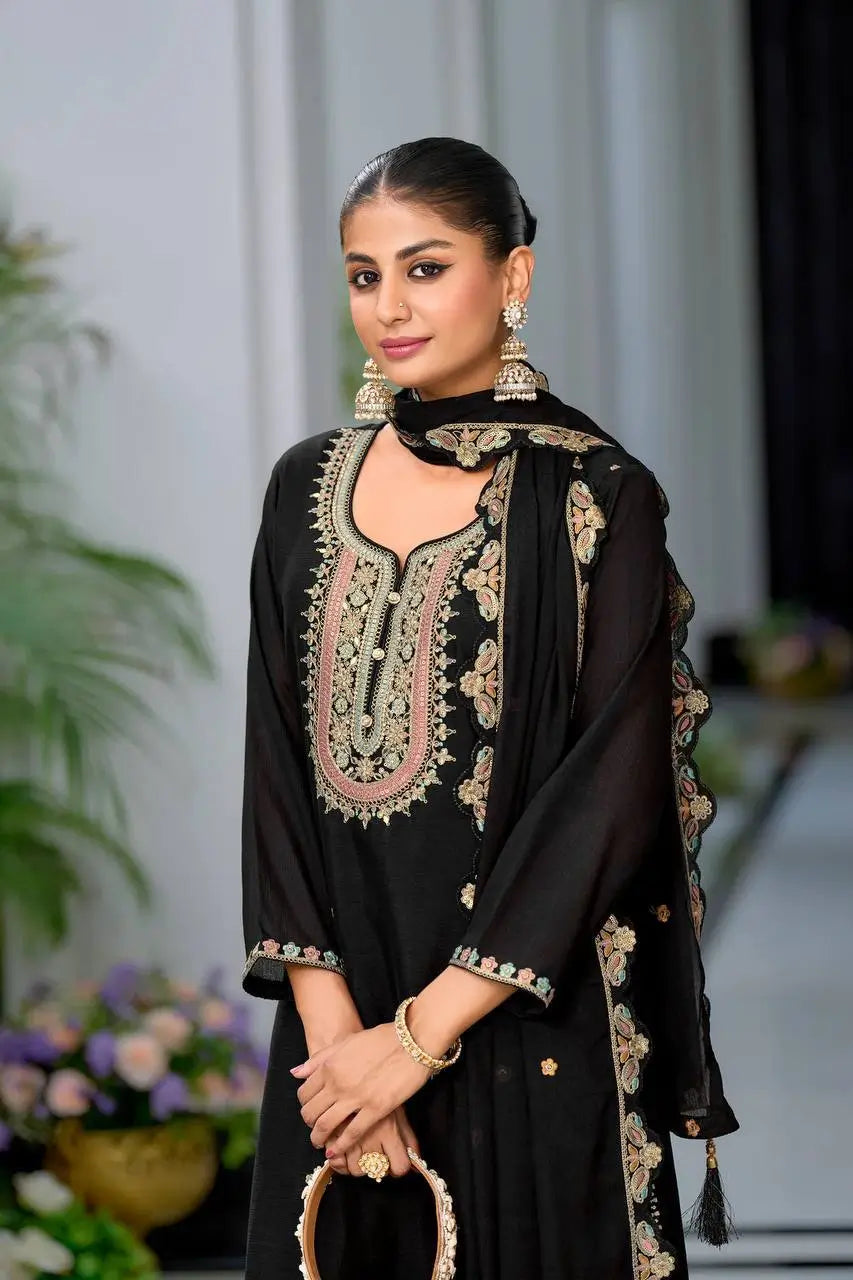 Embroidered Chinon Silk Sharara Suit Set