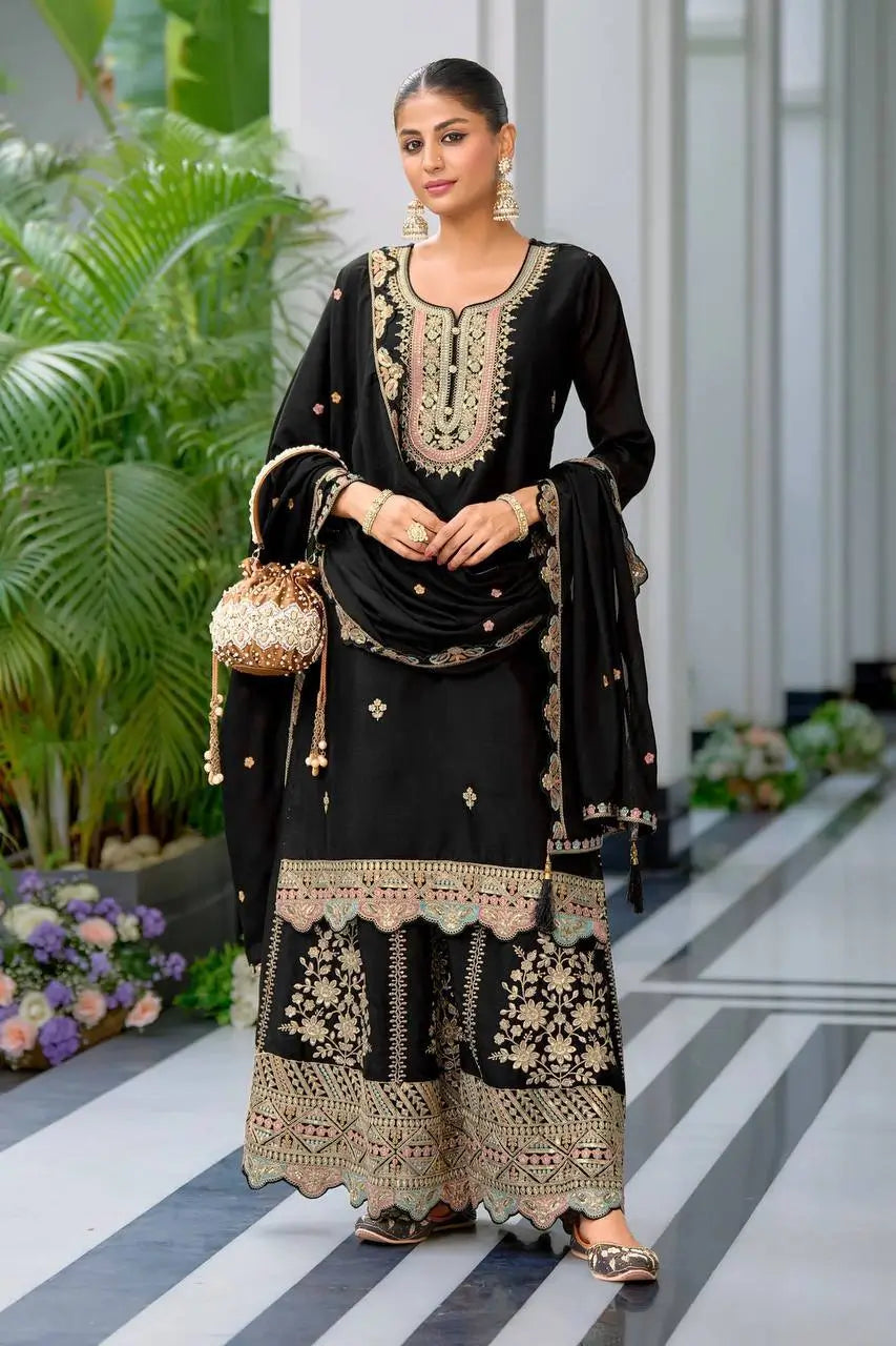 Embroidered Chinon Silk Sharara Suit Set