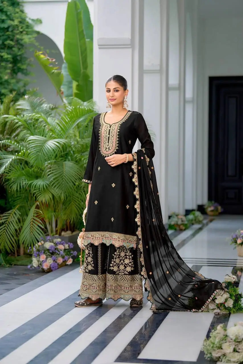 Embroidered Chinon Silk Sharara Suit Set