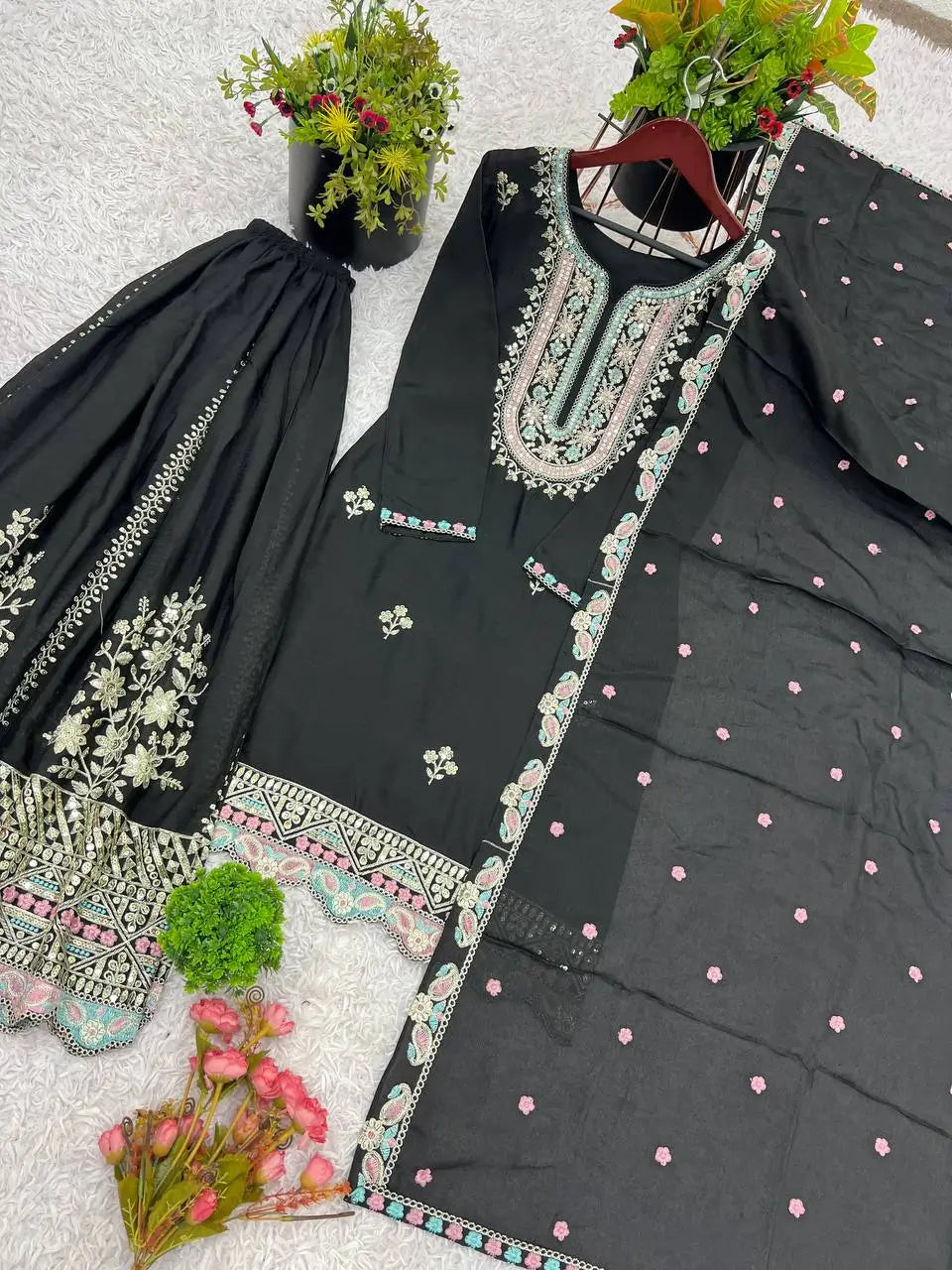 Embroidered Chinon Silk Sharara Suit Set