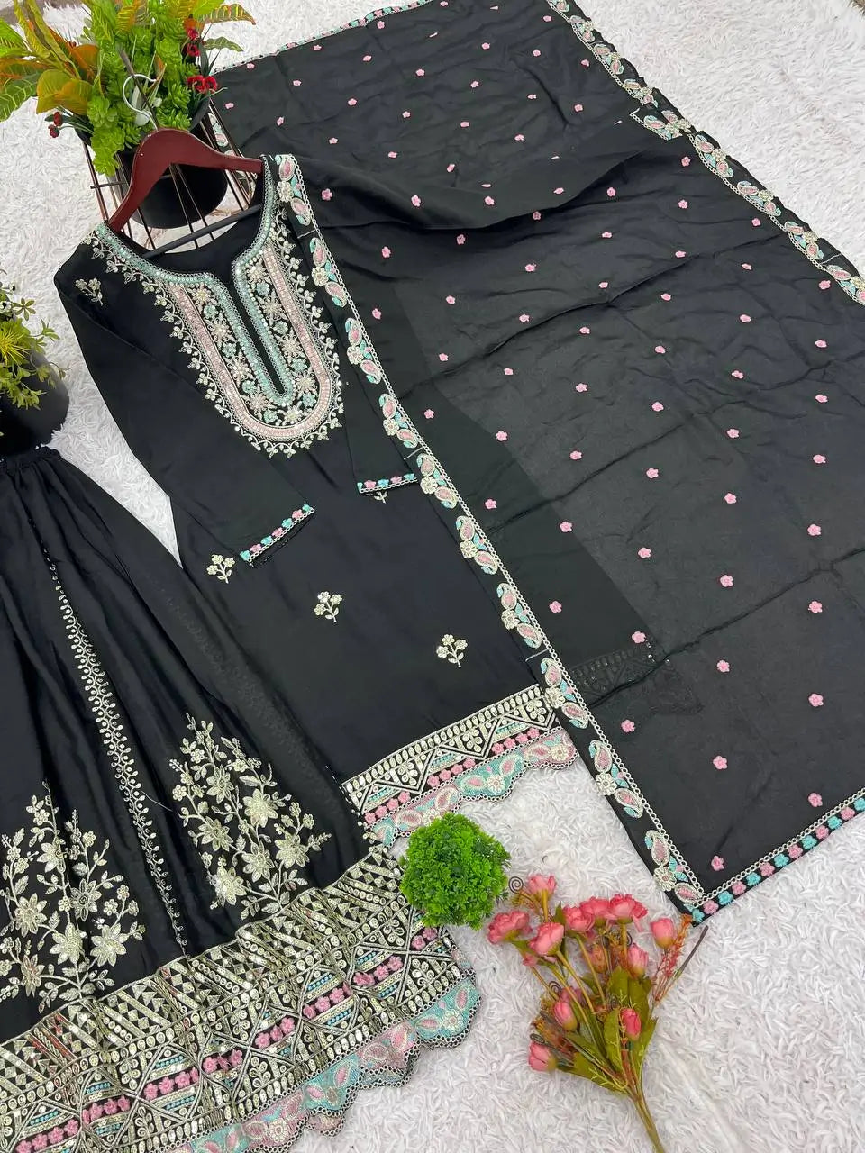 Embroidered Chinon Silk Sharara Suit Set