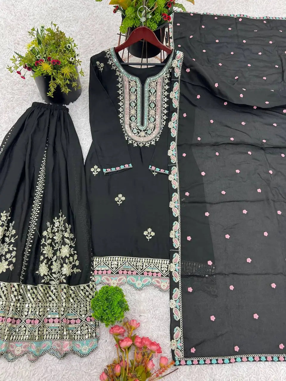 Embroidered Chinon Silk Sharara Suit Set