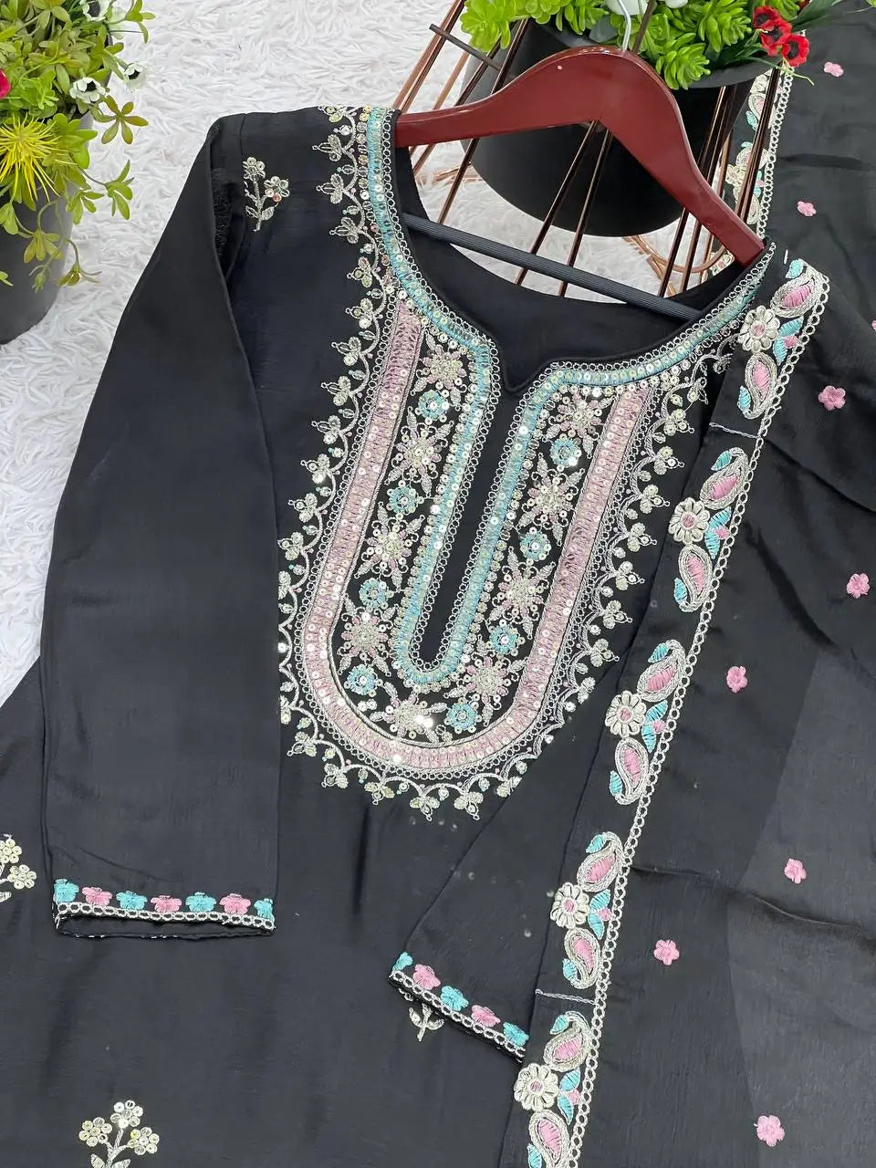 Embroidered Chinon Silk Sharara Suit Set