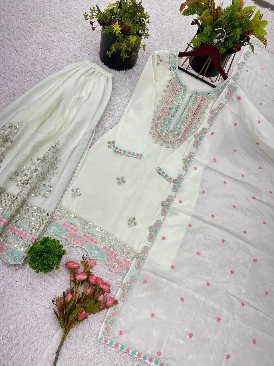 Embroidered Chinon Silk Sharara Suit Set