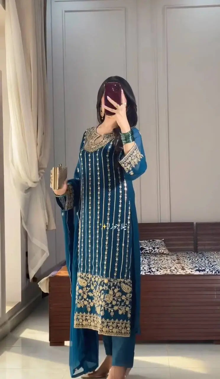 Embroidered Chinon Silk Suit Set