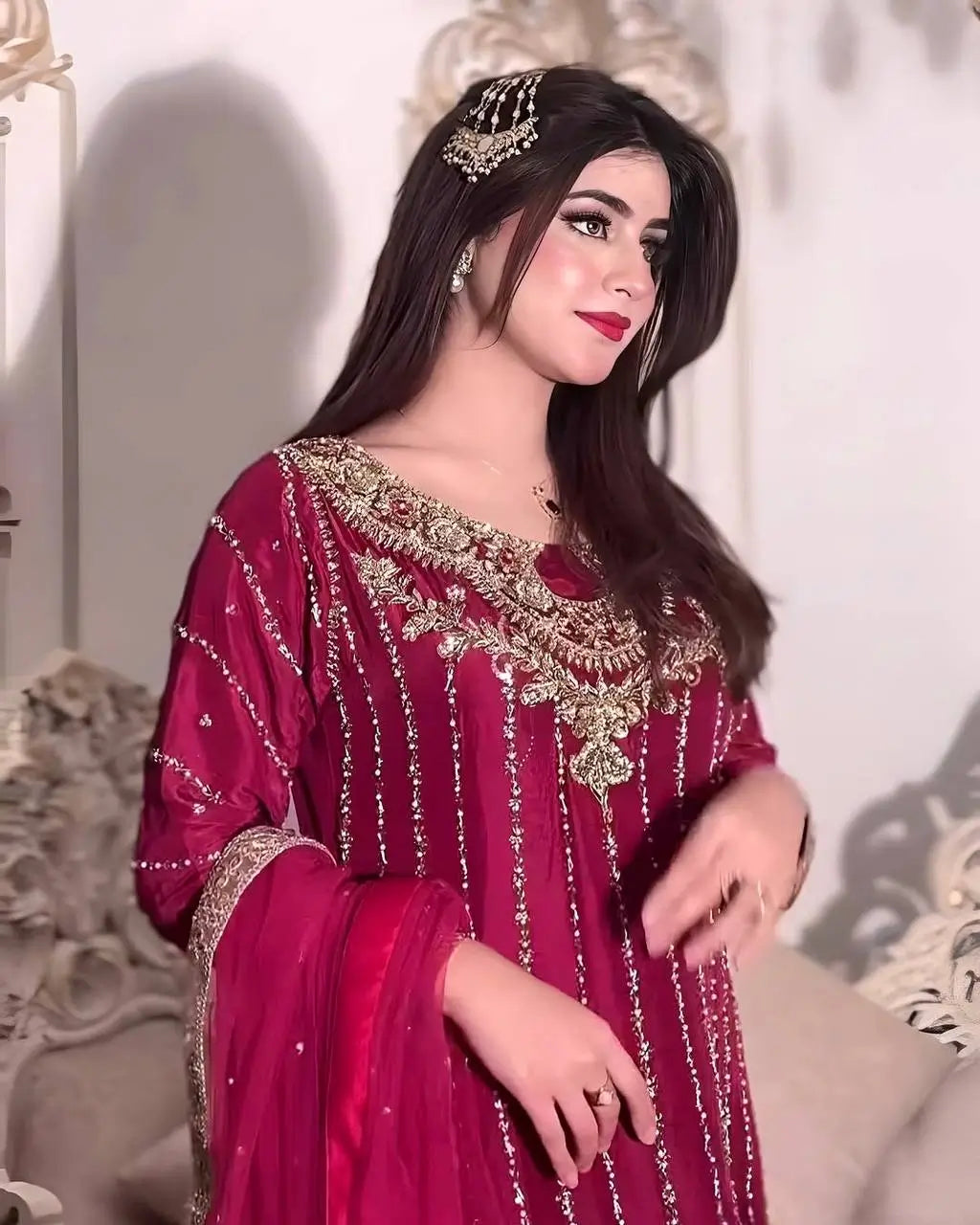 Embroidered Chinon Silk Suit Set