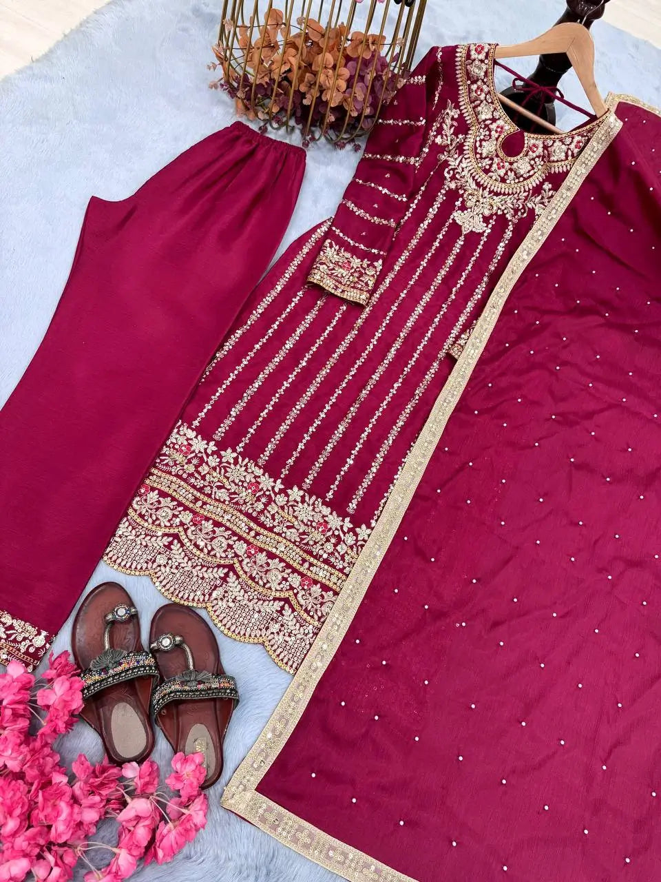 Embroidered Chinon Silk Suit Set