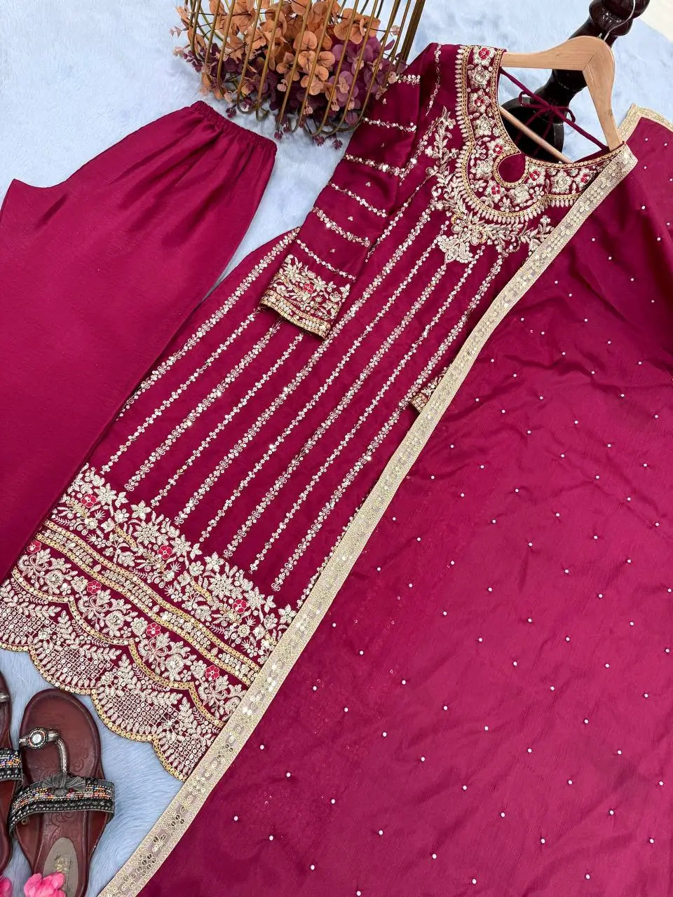 Embroidered Chinon Silk Suit Set