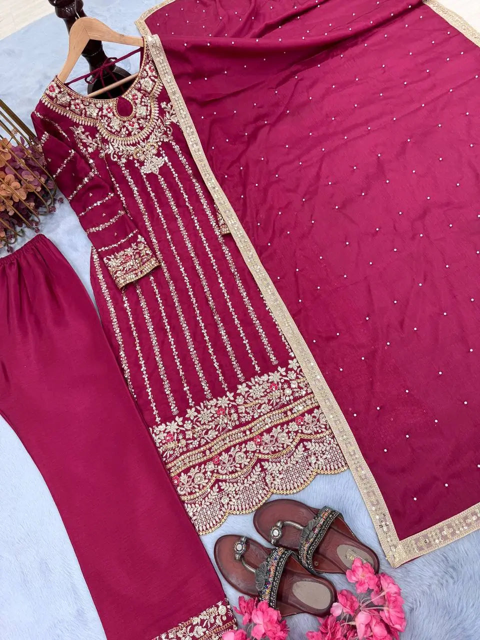 Embroidered Chinon Silk Suit Set