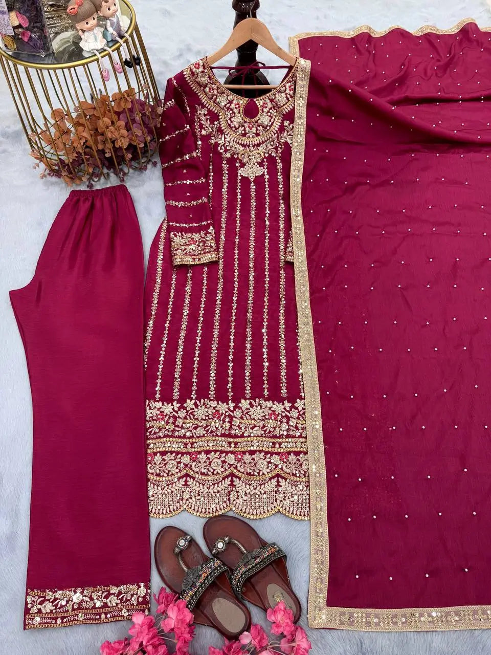 Embroidered Chinon Silk Suit Set