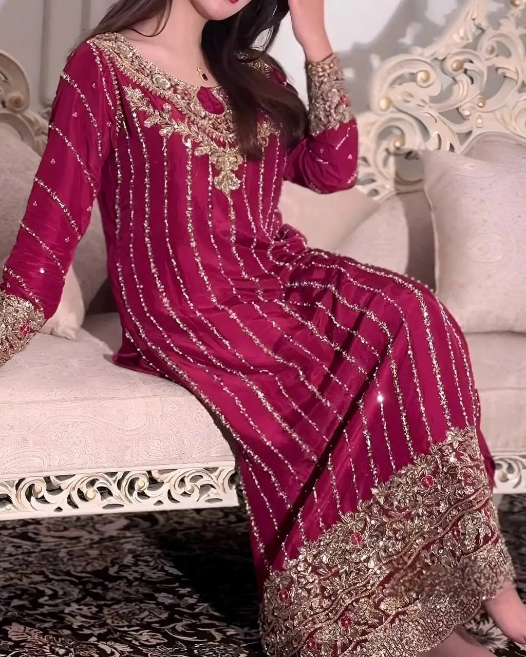 Embroidered Chinon Silk Suit Set