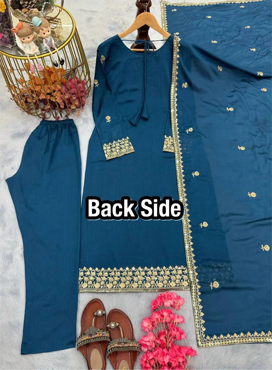 Embroidered Chinon Silk Suit Set