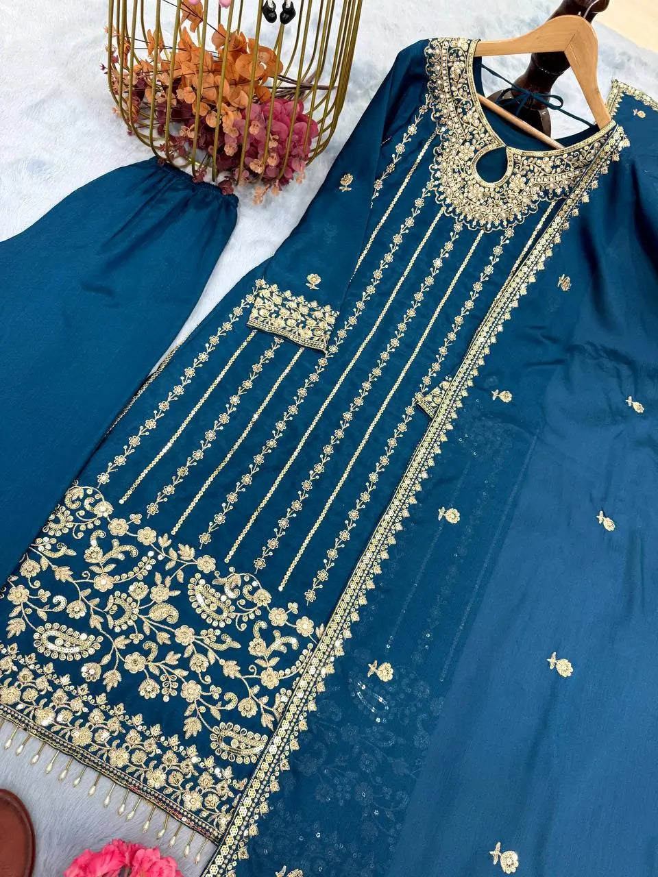 Embroidered Chinon Silk Suit Set